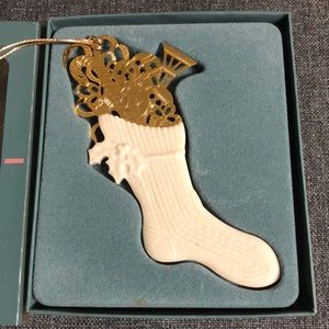 Vintage Lenox Porcelain Christmas Stocking Ornament Full of Golden Gifts 2 Sided